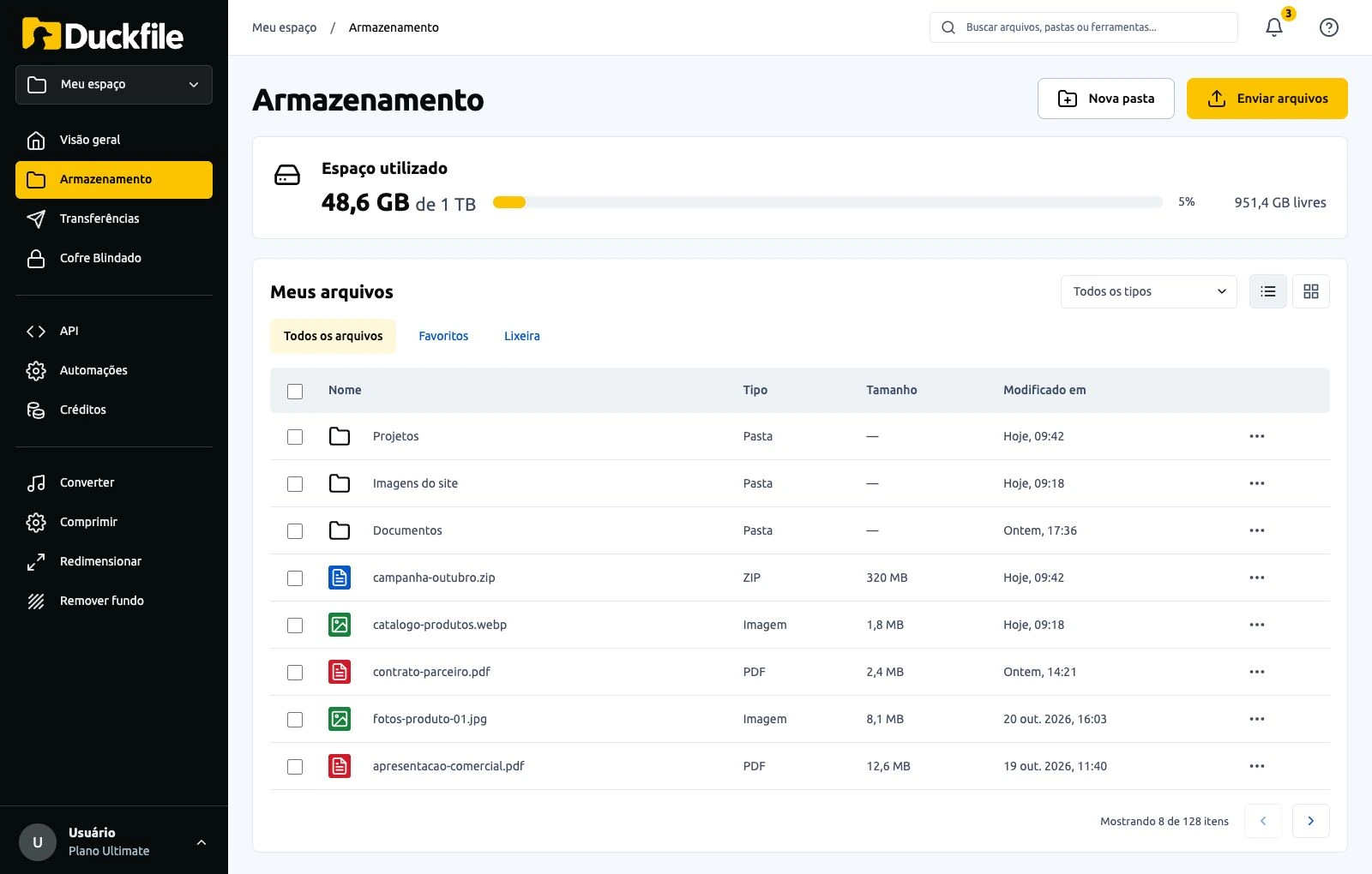 Prévia completa do armazenamento no computador, com sidebar, busca, pastas e arquivos. Conta de exemplo Usuário, plano Ultimate, 1 TB de capacidade e 48,6 GB utilizados.