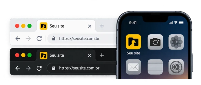 Exemplo de um favicon Duckfile em abas claras e escuras e em um atalho no celular